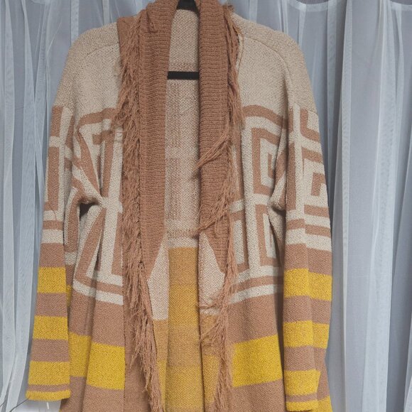 Davi & Dani Boho Fringe Open Cardigan | Geometric Southwestern Pattern | 1XL - Picture 1 of 5